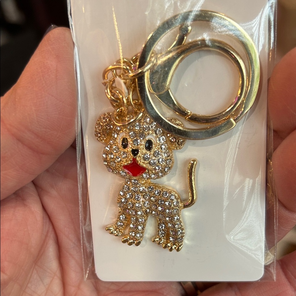 Crystal Puppy Keychain - Gold Tone with Rhinestones